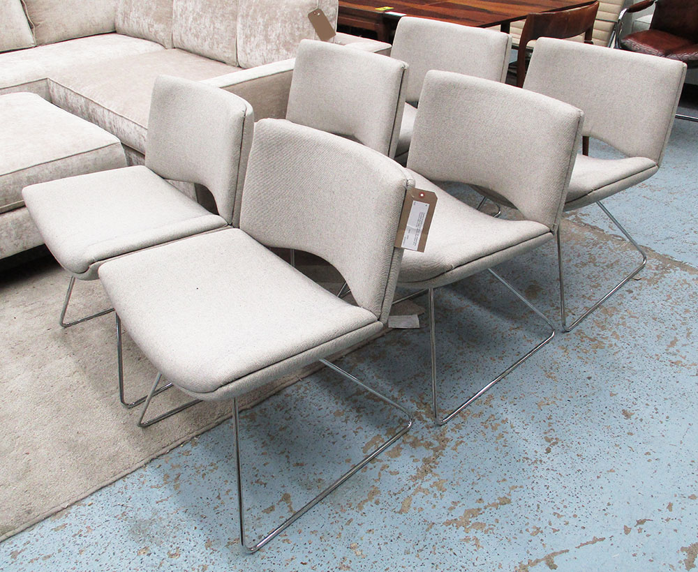 DINING CHAIRS, a set of six, with shaped back and seats and metal supports,