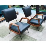 ARMCHAIRS, a pair, mid 20th century metal framed with wooden arms and green upholstery,