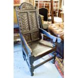 OPEN ARMCHAIR, Charles II oak with carved back inscribed 'Pier 1683 Poynt' and masonic panels,