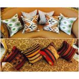 CUSHIONS, ten examples, four kilim and six silk Ikat in various designs.