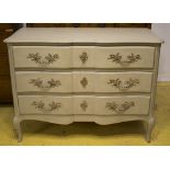 COMMODE, Louis XV style grey painted of Arc-en-Arbalette outline with three drawers,