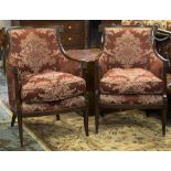 BERGERES, a pair, Empire style mahogany in burgundy damask with cushion seats, 62cm W.