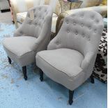 BEDROOM CHAIRS, a pair, in neutral buttoned fabric on turned supports.