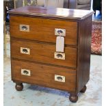 CHEST, 19th century campaign style mahogany of small proportions with three long drawers,