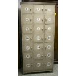 LOCKERS, vintage, painted pine with three rows of seven numbered doors, 197cm H x 93cm W.