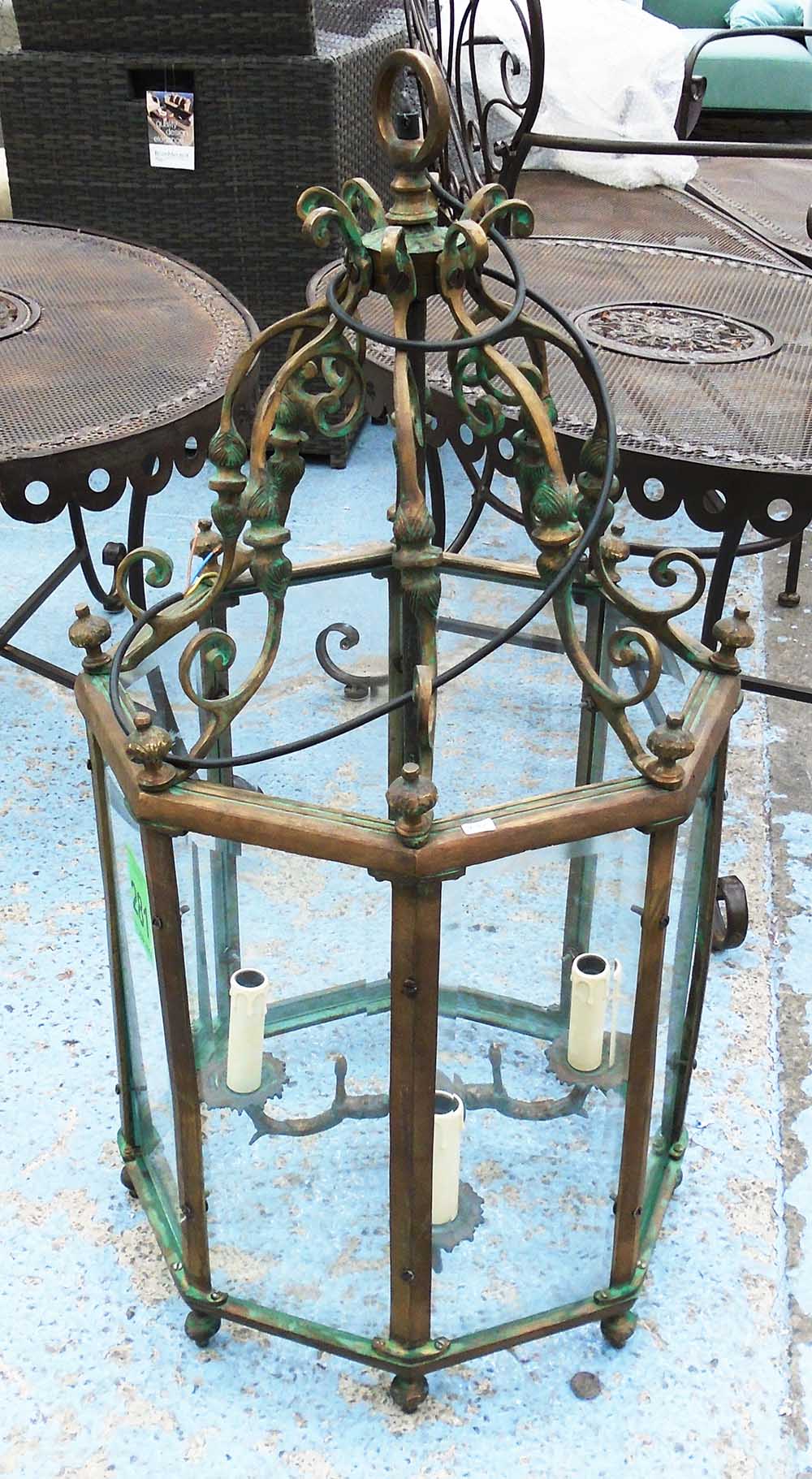 HANGING LANTERN, Regency style four branch in a bronzed frame with glass inserts, 84cm H.