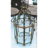 HANGING LANTERN, Regency style four branch in a bronzed frame with glass inserts, 84cm H.