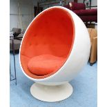 BALL CHAIR, circa 1960, after Eero Aarnio, in plastic and fibreglass with orange interior, 95cm W.