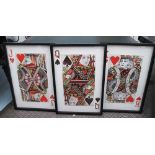 DECOUPAGE, set of three playing cards, Jack, Queen and King, framed and glazed, 90cm x 60cm.