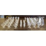 GLASSES, Art Deco set of decanter, jug and matching drinking glasses all trailing floral decorated.