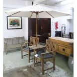 GARDEN ARMCHAIRS BENCH, weathered slatted teak comprising two armchairs and conjoining table,