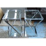 SIDE TABLES, a pair, with glass top and shelf below on chromed metal bases, 40cm x 40cm x 70cm H.