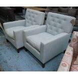 ARMCHAIRS, a pair, duck egg blue with buttoned backs, 83cm x 74cm x 93cm H.