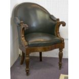 FAUTEUIL DE BUREAU, Louis Phillipe mahogany upholstered in dark green leather, 65cm W.