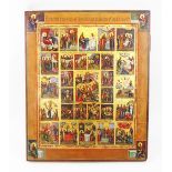 RUSSIAN ICON, 19th century painted allegorical vignettes on wooden panel, 53cm H x 43.5cm W.