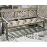GARDEN BENCH, weathered teak with lattice back and slatted seat, 160cm W.