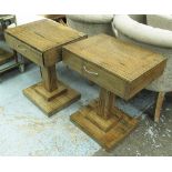 BEDSIDE TABLES, a pair, square tops on pedestal supports in coconut wood, 50cm x 37cm x 61cm H.