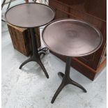 LAMP TABLES, a pair, metal, the circular tops on triform base, 36cm W x 62cm H.