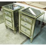 BEDSIDE DRAWERS, a pair, mirrored each with three drawers and gilt highlights, 61cm H x 33cm x 38cm.