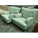 ARMCHAIRS, a pair, traditional style in duck egg blue fabric, each 84cm W x 91cm D x 82cm H.