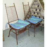 GARDEN CHAIRS, a set of four, metal with striped cushions, each 47cm W.