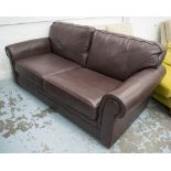 SOFA, brown leather upholstered from Marks & Spencer with seat and back cushions, 209cm W x 100cm D.