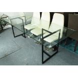 DINING TABLE, glass topped, two metal bases, 220cm L x 90cm D.