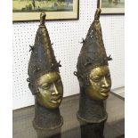 IFE BRONZE HEADS, a pair, with patinated finish, each 56cm H.
