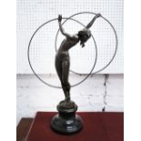 BRONZE STATUE, of Art Deco style lady holding hoops, on marble base, 67cm H.