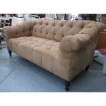 GEORGE SMITH SOFA, with buttoned alcantara upholstery on short turned supports, 182cm L x 84cm H.