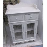 SIDE CABINET, grey painted, with two drawers and chicken wire doors, 74cm W x 41cm D x 111cm H.