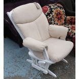 ROCKING CHAIR, white painted with beige upholstery, 100cm H x 80cm W x 69cm D.
