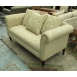 SOFA, of compact proportions, in cream damask, 76cm D x 157cm W x 80cm D (with faults).