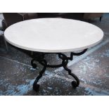 DINING TABLE, circular with a segmented cream shagreen style top on metal supports, 120cm W x 75cm.