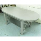 DINING TABLE, bespoke made, grey painted oval with geometrical end stretchers,