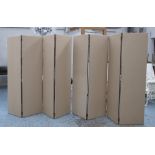 FLOOR STANDING FOLDING SCREENS, two similar four fold with tan panels,