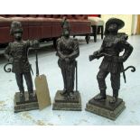 STATUETTES, three, of monkey's in military uniform, each 36cm H.