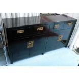 SIDE CABINET, black lacquer, Asian style, 165cm W x 45cm D x 86cm H.