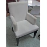 DINING CHAIRS, a set of six, cream with arms dark frame, 60cm x 101cm H x 56cm.