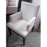 DINING CHAIRS, a set of six, cream with arms dark frame, 60cm x 101cm H x 56cm.