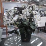 WHITE FLOWER DISPLAY, artificial in a Chinese metalware planter, approx.