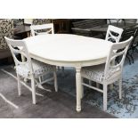 DINING TABLE, cream, Nordic style, extendable with one leaf and four chairs,