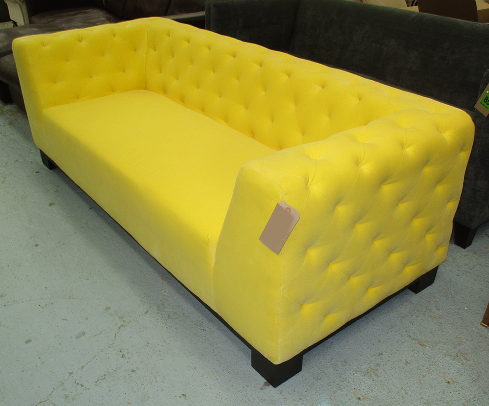 SOFA, dimpled lemon yellow velvet upholstered, 215cm L x 74cm H.