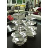 CAKE STANDS, a pair, five tier silver plated with a ring handle, 65cm H.