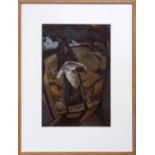 GIRL WITH WHITE GOOSE, gouache, circa 1950, 47.5cm x 31.5cm, framed and glazed.