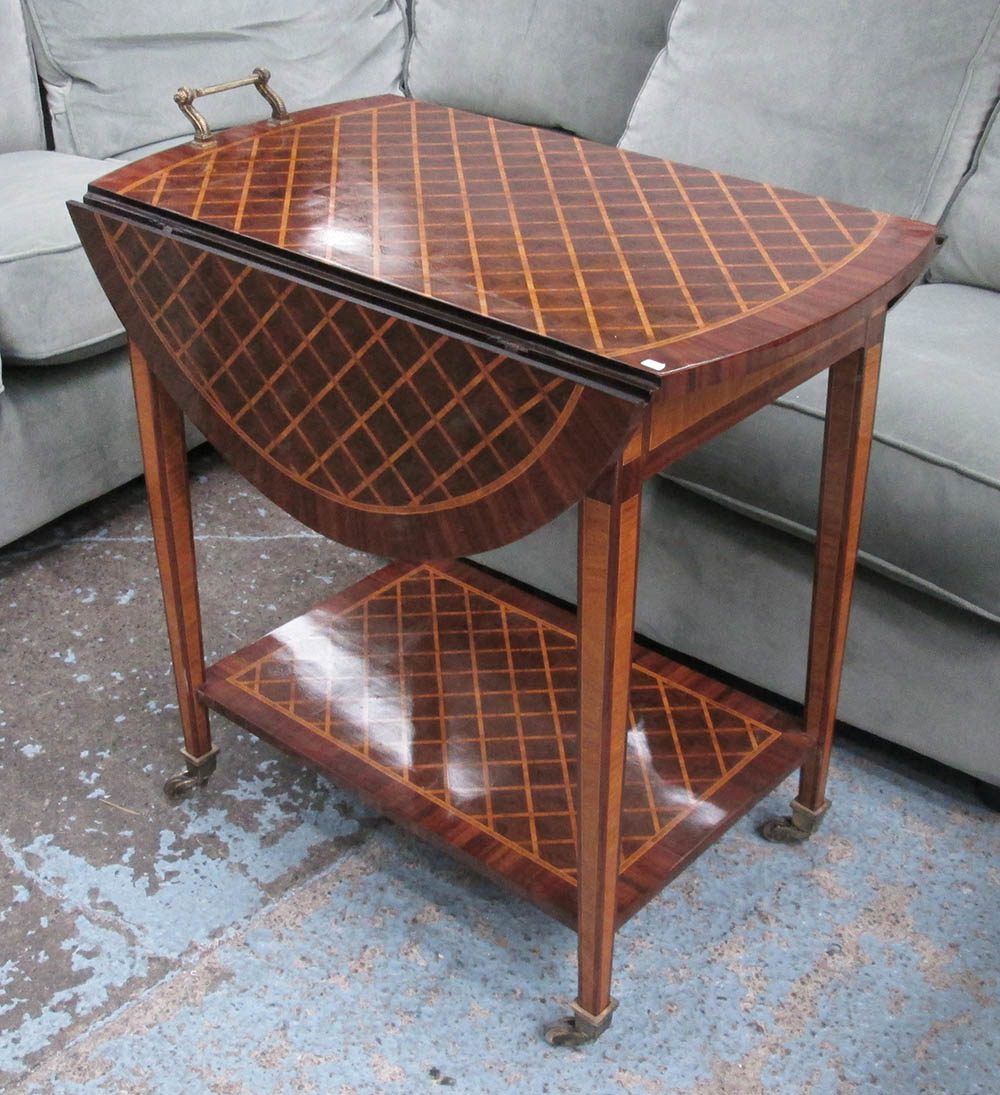 TEA TROLLEY, with bronzed mounts with drop down leaves and marquetry top, 74cm L.