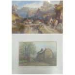 A SET OF TWO WATERCOLOURS, of a Mountainous landscape and of a Countryside road,