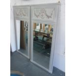 TRUMEAU MIRRORS, a pair, with Classical motifs above in a distressed grey painted finish,