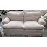 KINGCOMB SOFA, two seater, with oatmeal linen style loose covers, 178cm L x 82cm H.