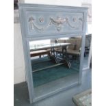 TRUMEAU MIRROR, with Classical motifs above in a distressed grey painted finish, 141cm x 112cm.